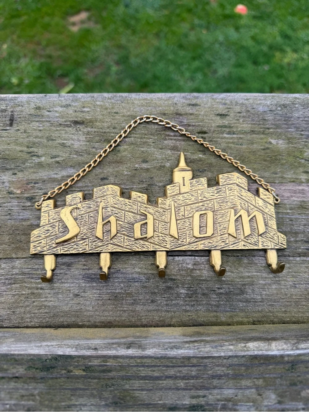 Vintage Brass Key Holder, Brass Shalom Wall Key Hook, Jerusalem Souvenir
